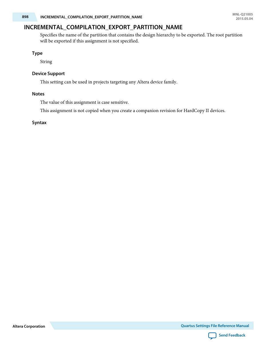 Incremental_compilation_export_partition_name | Altera Quartus II Settings File User Manual | Page 898 / 1344