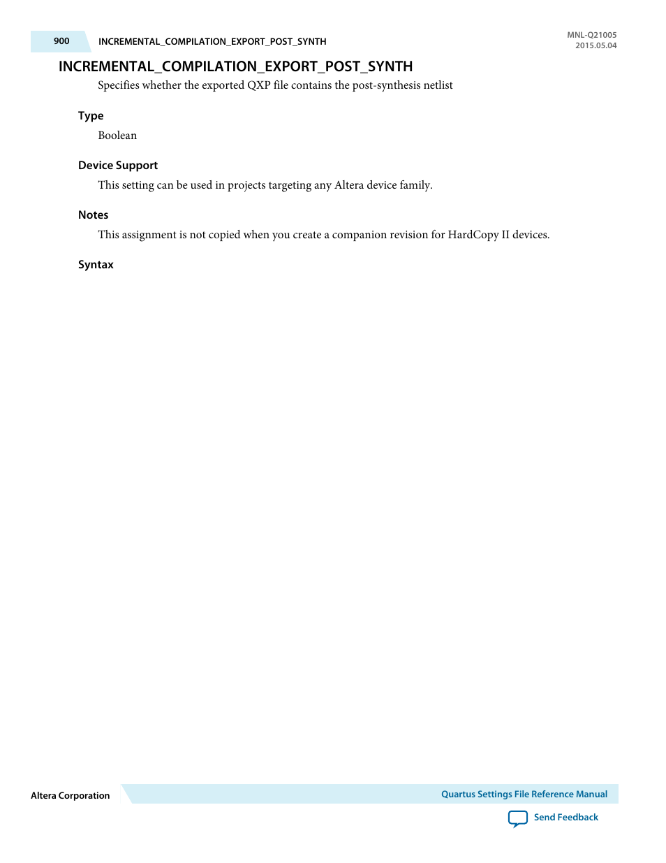 Incremental_compilation_export_post_synth | Altera Quartus II Settings File User Manual | Page 900 / 1344