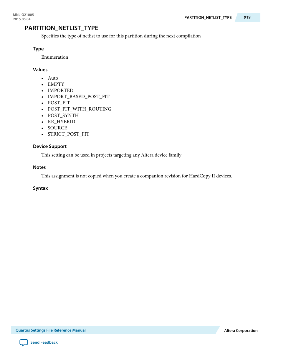 Partition_netlist_type | Altera Quartus II Settings File User Manual | Page 919 / 1344