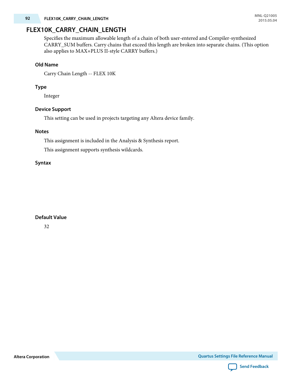 Flex10k_carry_chain_length | Altera Quartus II Settings File User Manual | Page 92 / 1344