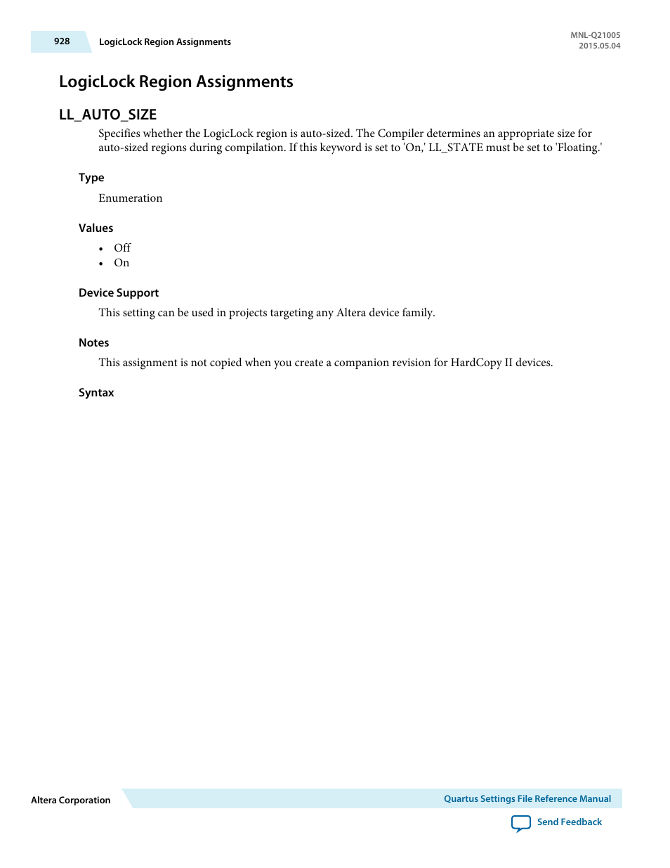 Logiclock region assignments, Ll_auto_size | Altera Quartus II Settings File User Manual | Page 928 / 1344