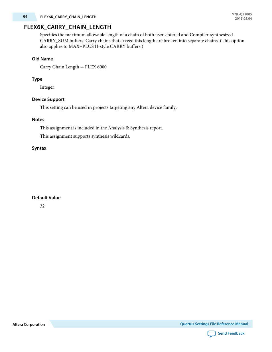 Flex6k_carry_chain_length | Altera Quartus II Settings File User Manual | Page 94 / 1344