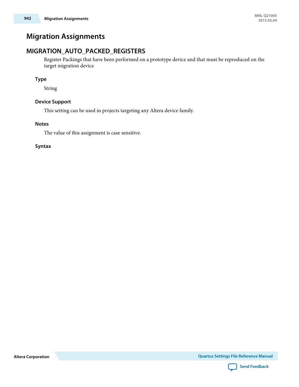 Migration assignments, Migration_auto_packed_registers | Altera Quartus II Settings File User Manual | Page 942 / 1344