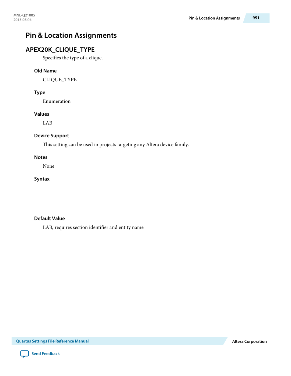 Pin & location assignments, Apex20k_clique_type | Altera Quartus II Settings File User Manual | Page 951 / 1344