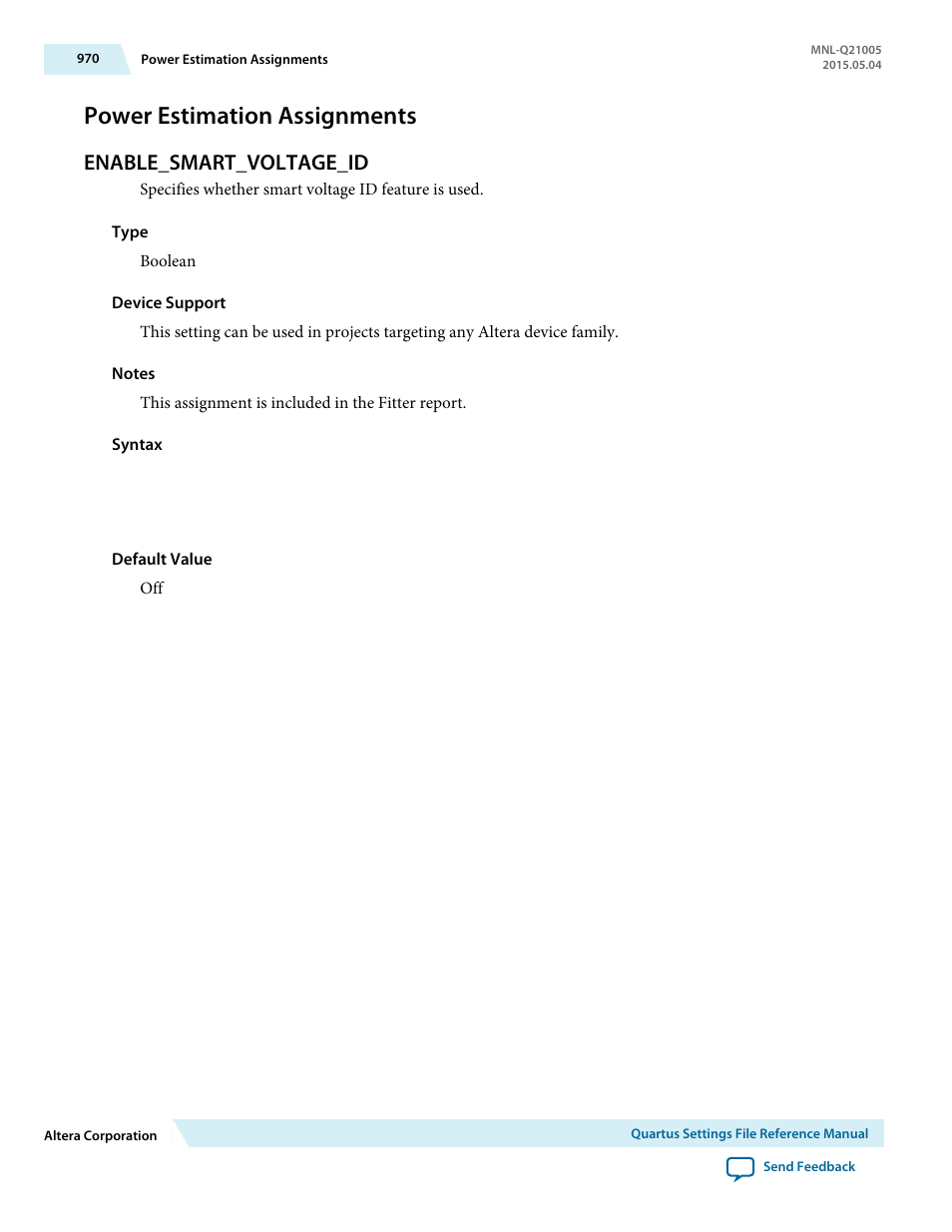 Power estimation assignments, Enable_smart_voltage_id | Altera Quartus II Settings File User Manual | Page 970 / 1344