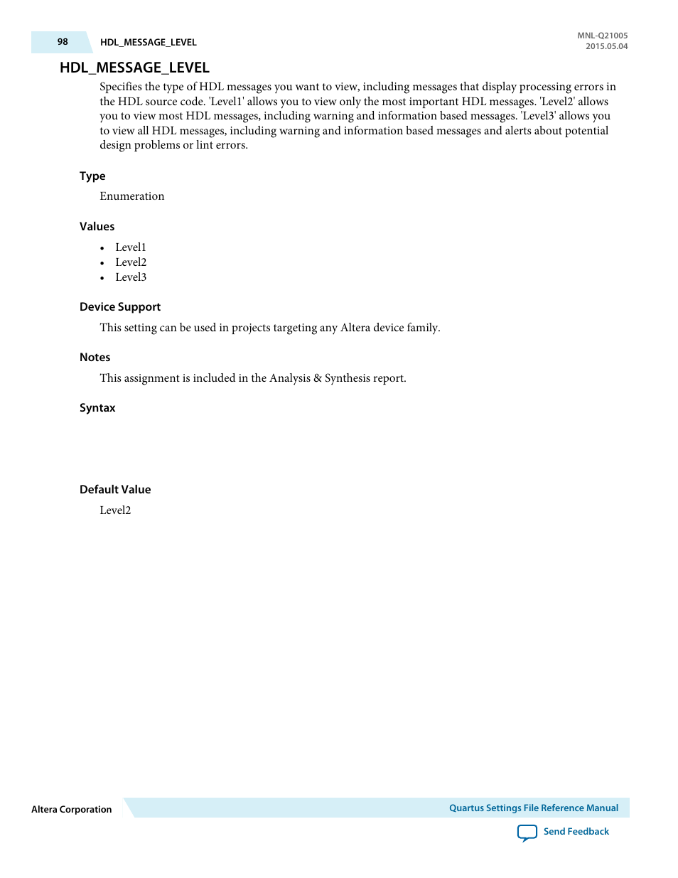 Hdl_message_level | Altera Quartus II Settings File User Manual | Page 98 / 1344