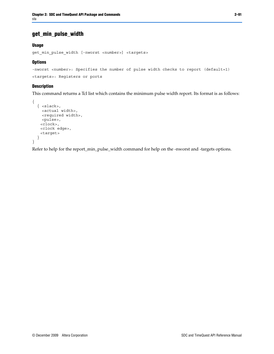 Get_min_pulse_width, Get_min_pulse_width –91 | Altera SDC and TimeQuest API User Manual | Page 101 / 168