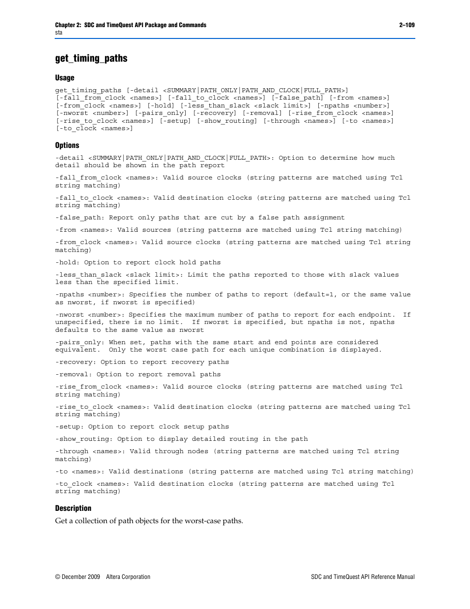 Get_timing_paths, Get_timing_paths –109 | Altera SDC and TimeQuest API User Manual | Page 119 / 168