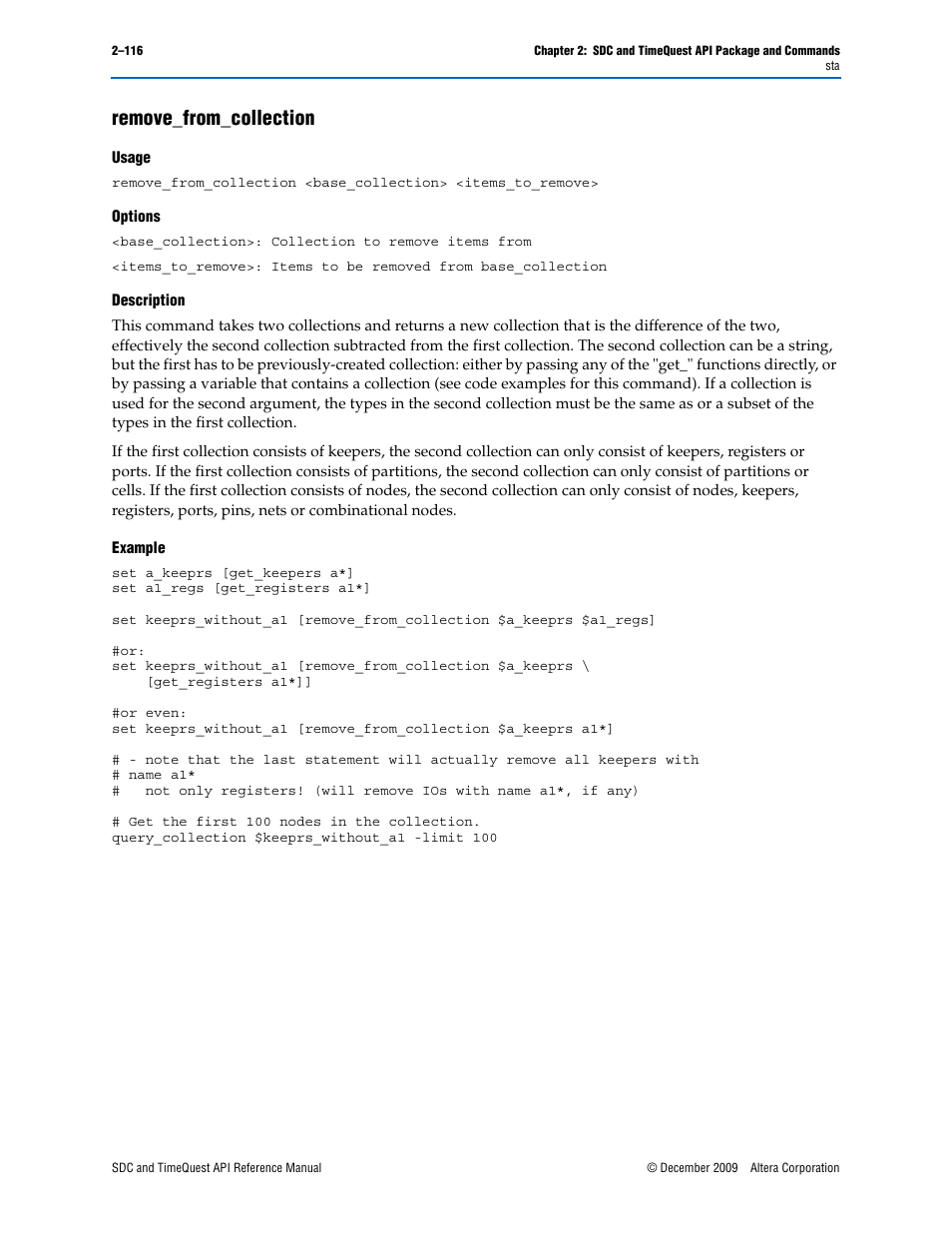 Remove_from_collection, Remove_from_collection –116 | Altera SDC and TimeQuest API User Manual | Page 126 / 168