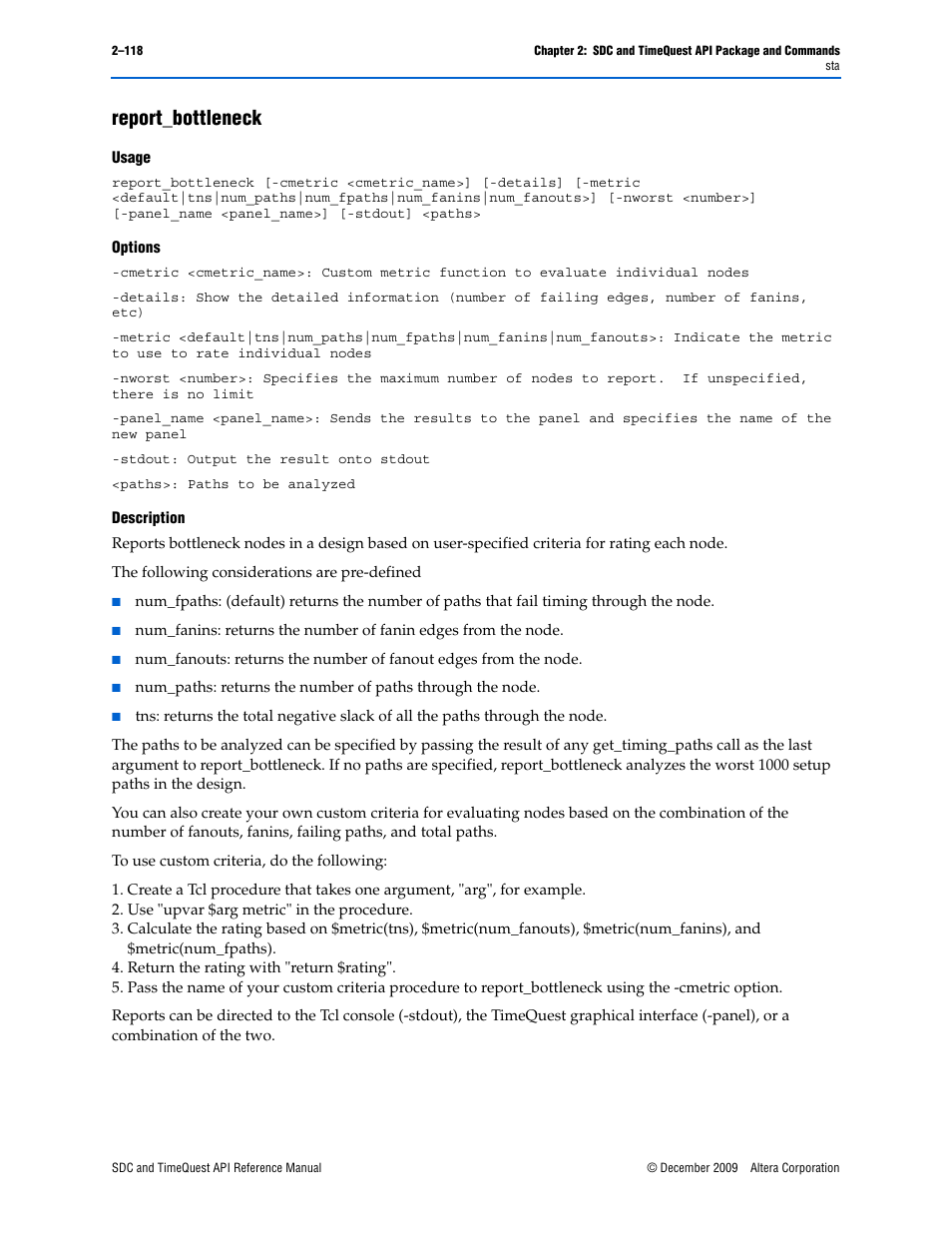 Report_bottleneck, Report_bottleneck –118 | Altera SDC and TimeQuest API User Manual | Page 128 / 168