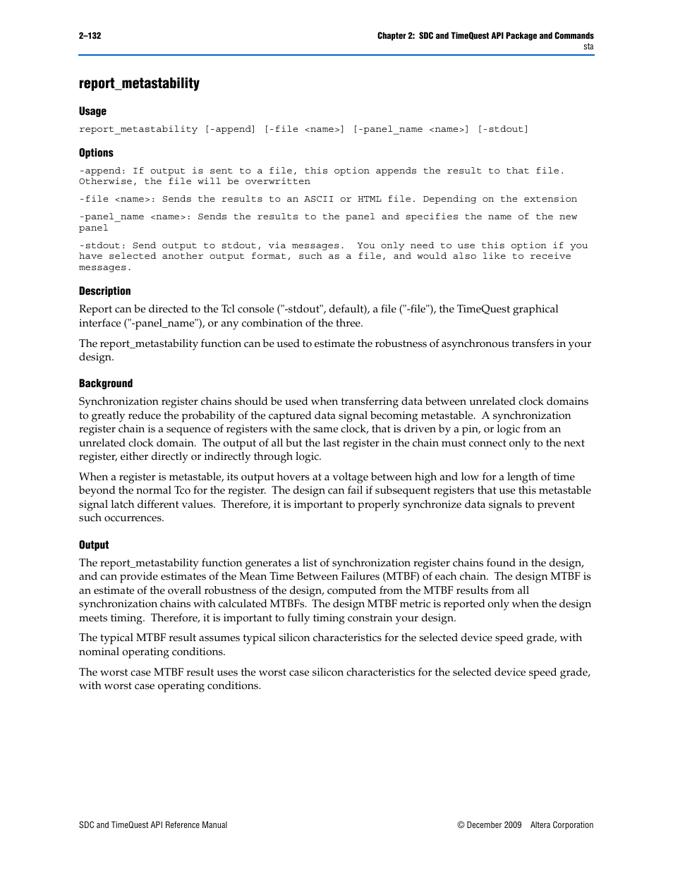 Report_metastability, Report_metastability –132 | Altera SDC and TimeQuest API User Manual | Page 142 / 168