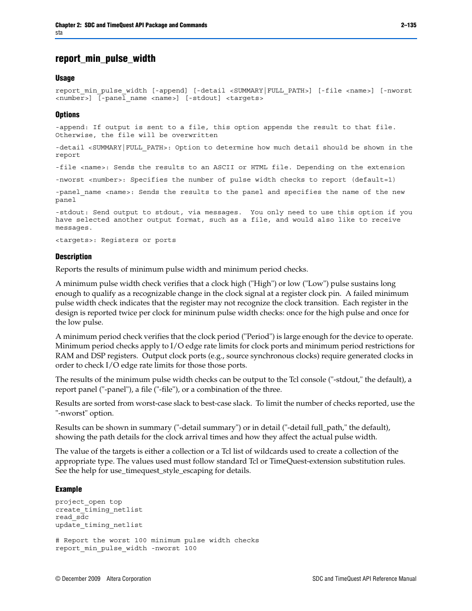 Report_min_pulse_width, Report_min_pulse_width –135 | Altera SDC and TimeQuest API User Manual | Page 145 / 168