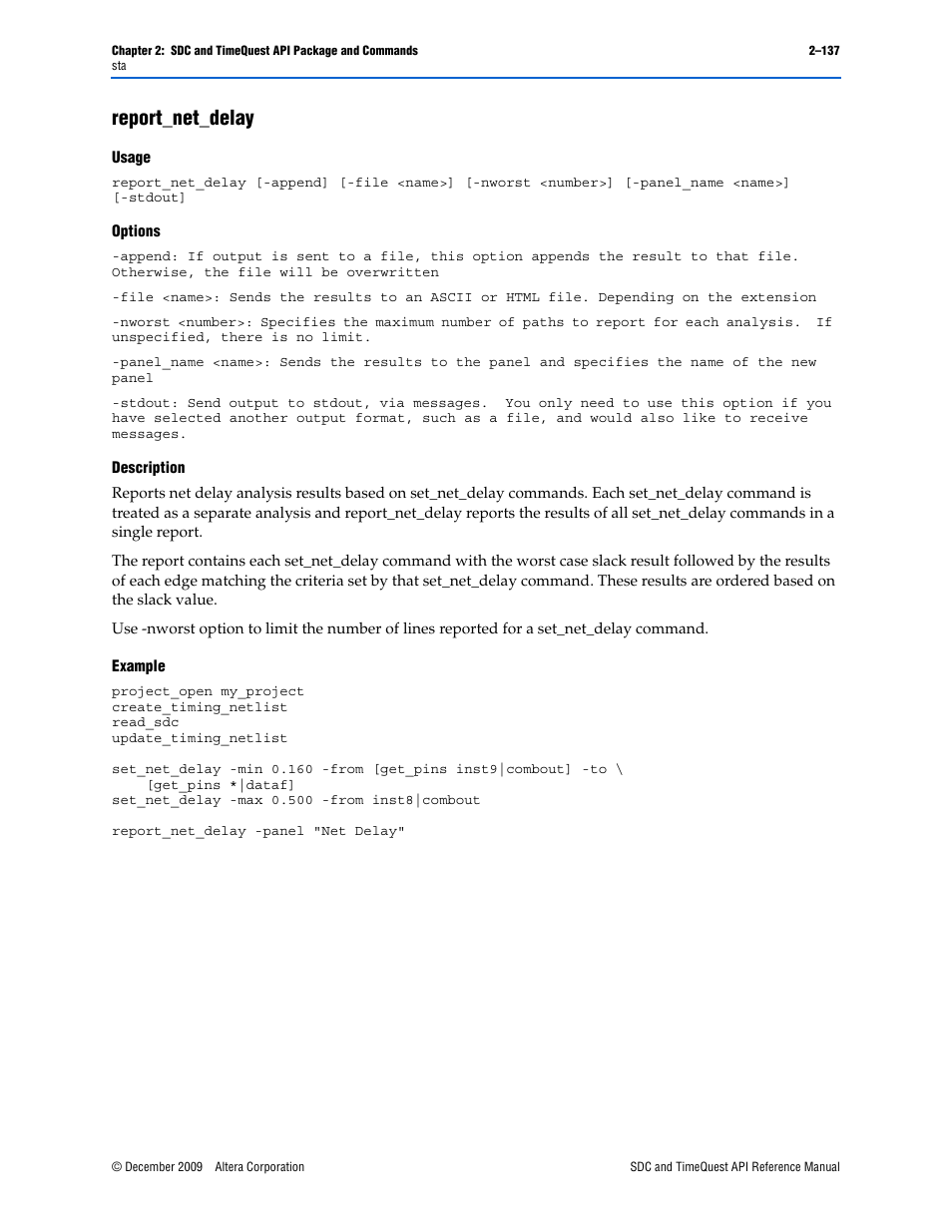 Report_net_delay, Report_net_delay –137 | Altera SDC and TimeQuest API User Manual | Page 147 / 168