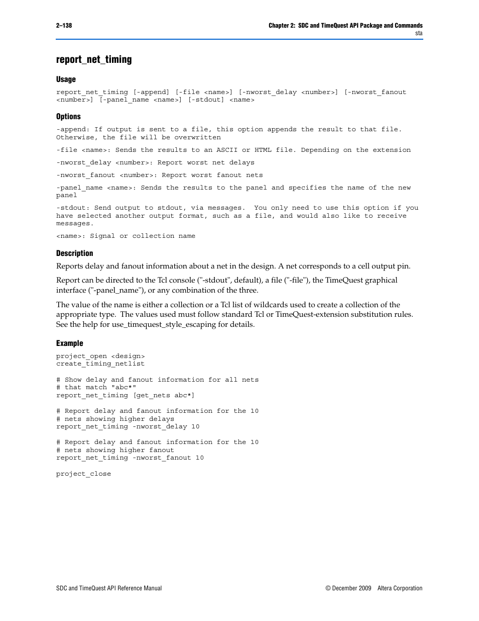 Report_net_timing, Report_net_timing –138 | Altera SDC and TimeQuest API User Manual | Page 148 / 168