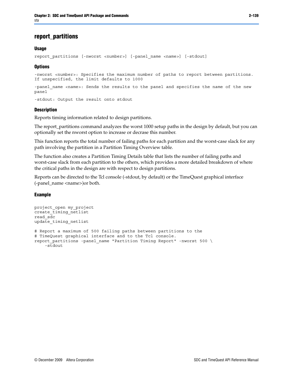 Report_partitions, Report_partitions –139 | Altera SDC and TimeQuest API User Manual | Page 149 / 168