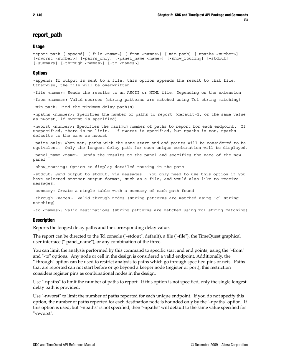 Report_path, Report_path –140 | Altera SDC and TimeQuest API User Manual | Page 150 / 168