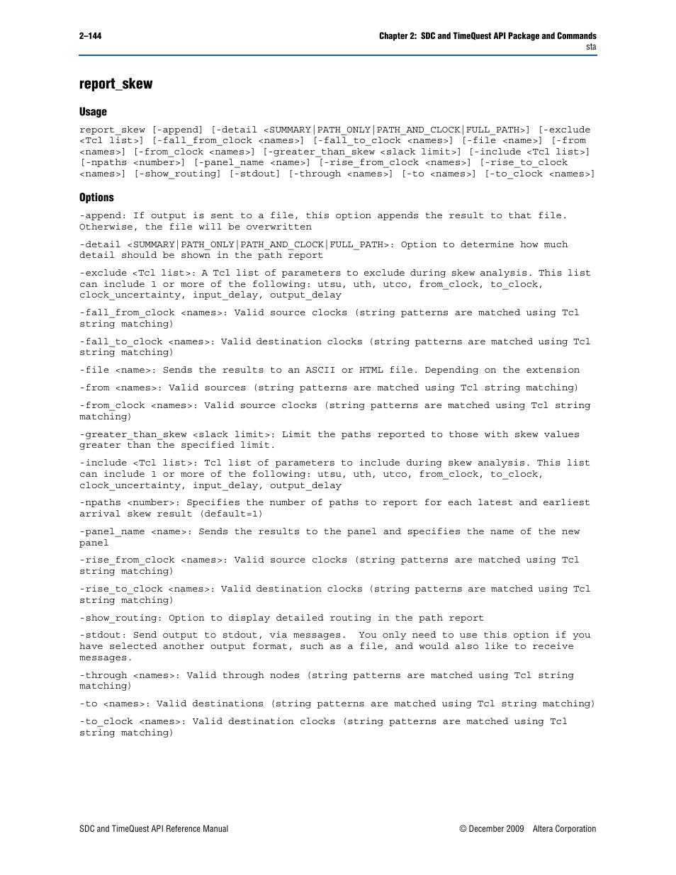 Report_skew, Report_skew –144 | Altera SDC and TimeQuest API User Manual | Page 154 / 168