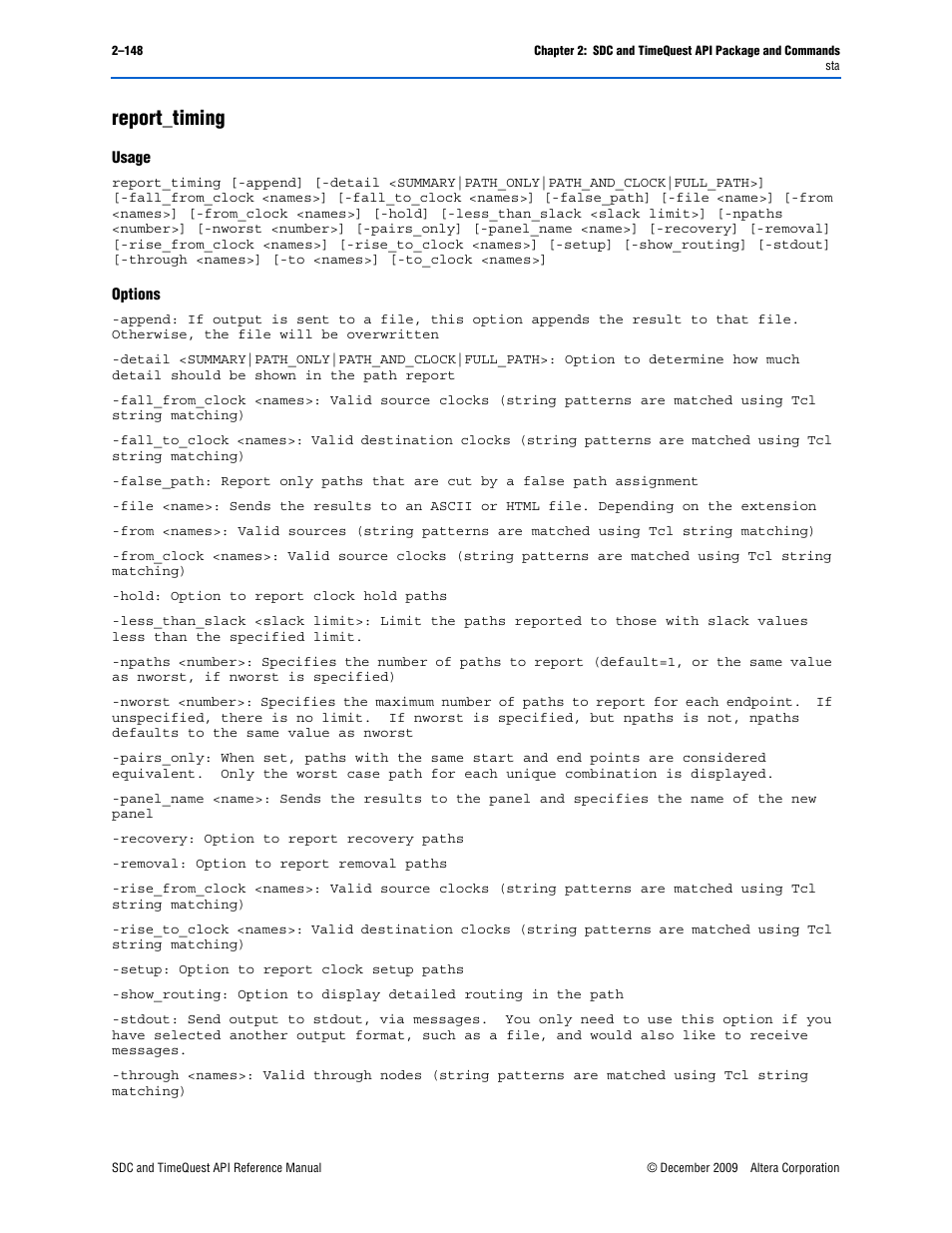 Report_timing, Report_timing –148 | Altera SDC and TimeQuest API User Manual | Page 158 / 168
