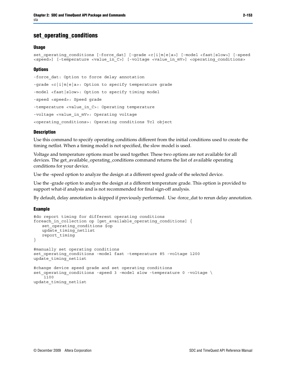 Set_operating_conditions, Set_operating_conditions –153 | Altera SDC and TimeQuest API User Manual | Page 163 / 168