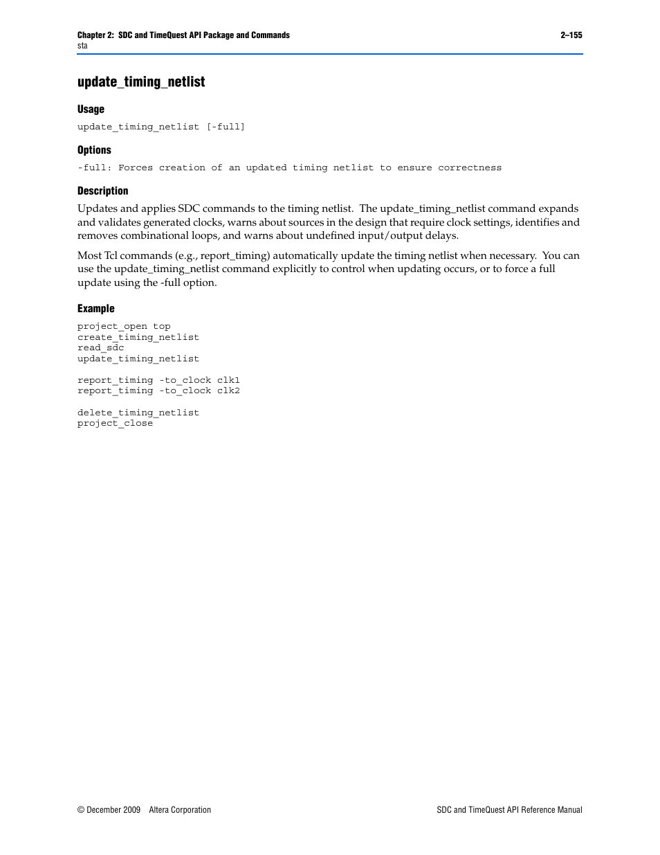 Update_timing_netlist, Update_timing_netlist –155 | Altera SDC and TimeQuest API User Manual | Page 165 / 168