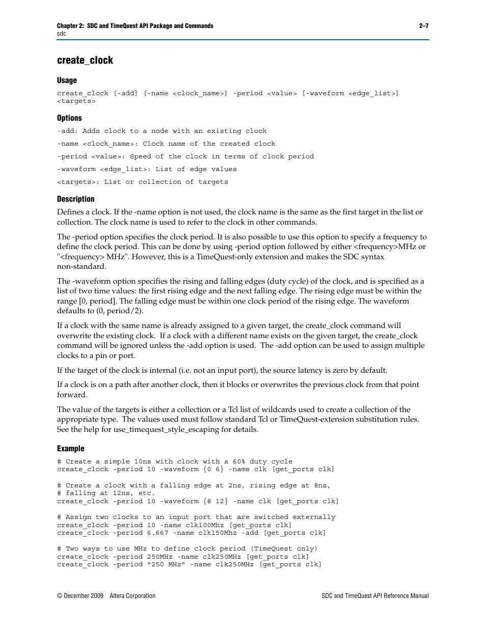 Create_clock, Create_clock –7 | Altera SDC and TimeQuest API User Manual | Page 17 / 168