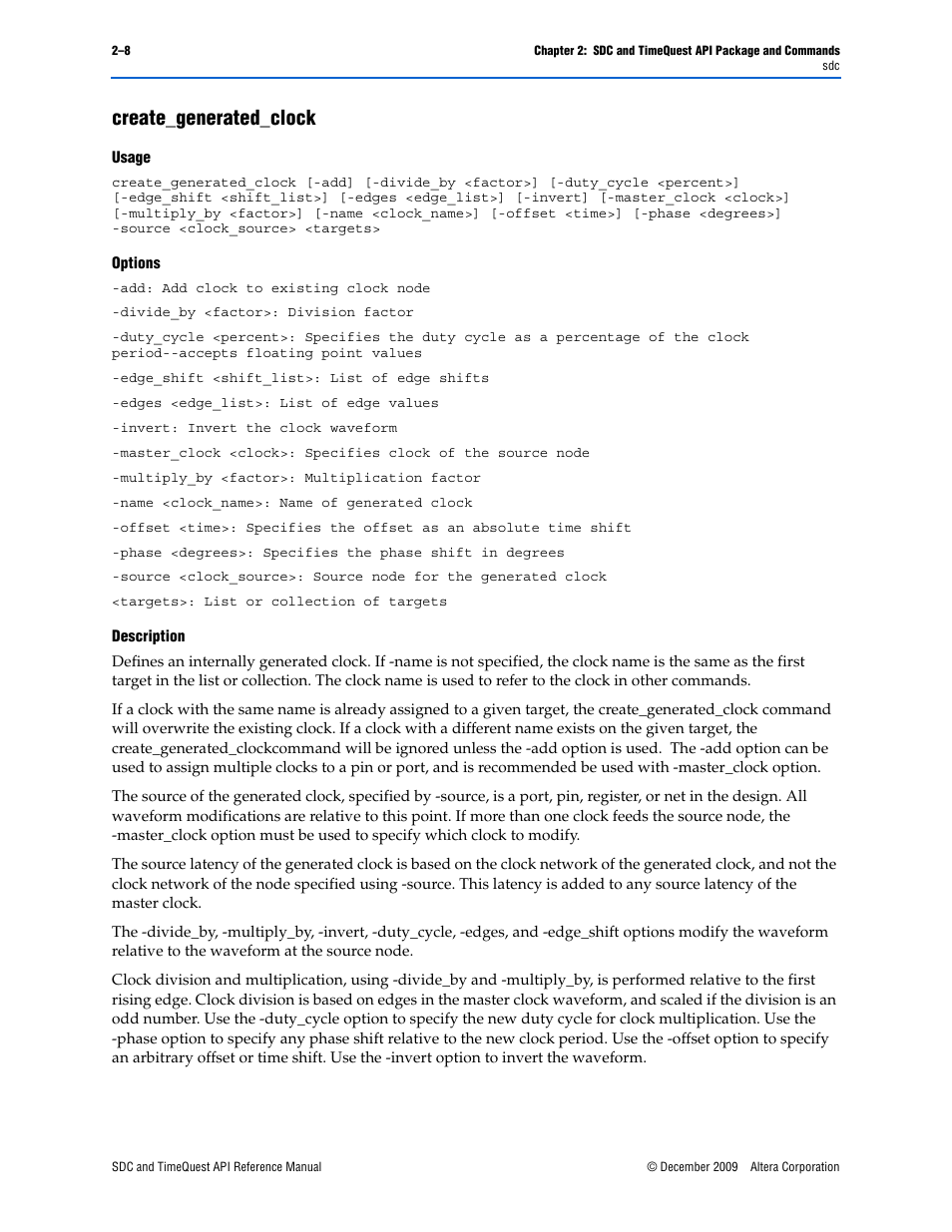 Create_generated_clock, Create_generated_clock –8 | Altera SDC and TimeQuest API User Manual | Page 18 / 168