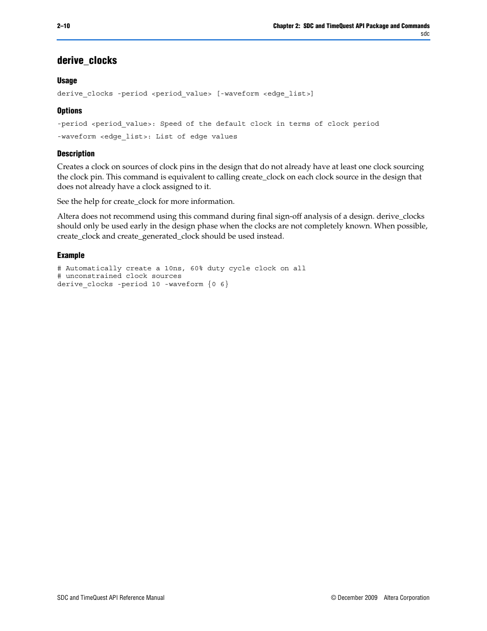 Derive_clocks, Derive_clocks –10 | Altera SDC and TimeQuest API User Manual | Page 20 / 168