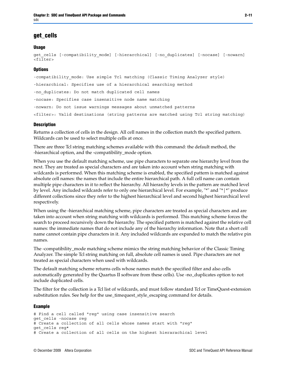Get_cells, Get_cells –11 | Altera SDC and TimeQuest API User Manual | Page 21 / 168