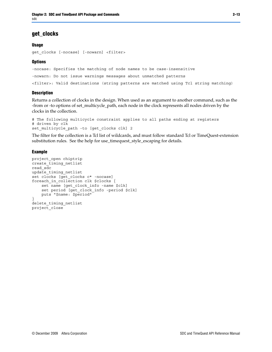 Get_clocks, Get_clocks –13 | Altera SDC and TimeQuest API User Manual | Page 23 / 168