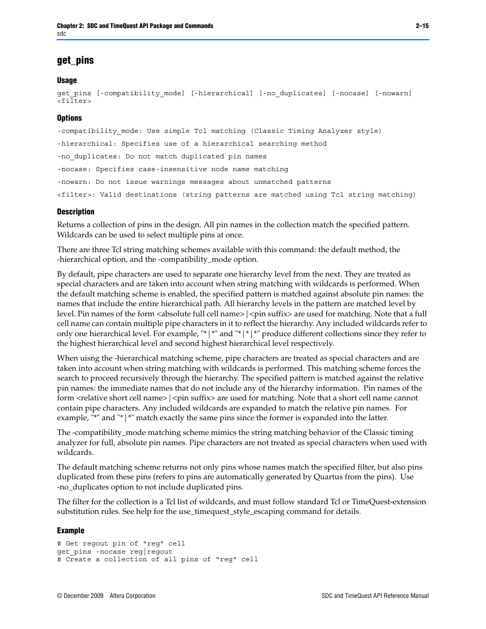Get_pins, Get_pins –15 | Altera SDC and TimeQuest API User Manual | Page 25 / 168