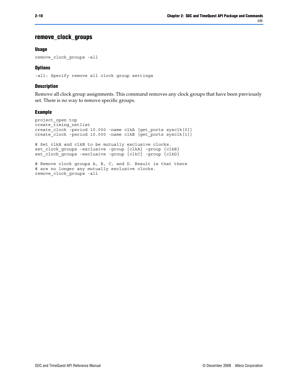 Remove_clock_groups, Remove_clock_groups –18 | Altera SDC and TimeQuest API User Manual | Page 28 / 168