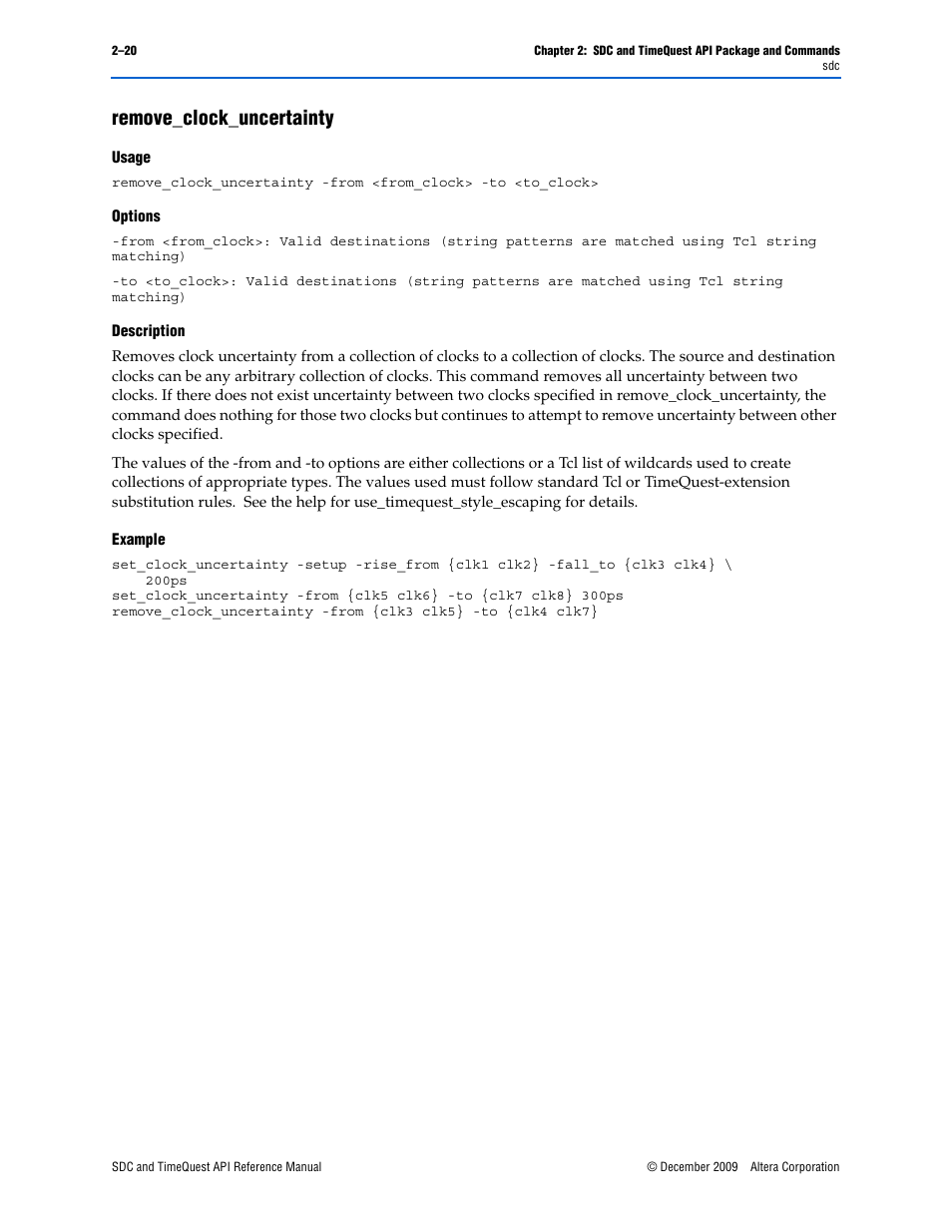 Remove_clock_uncertainty, Remove_clock_uncertainty –20 | Altera SDC and TimeQuest API User Manual | Page 30 / 168
