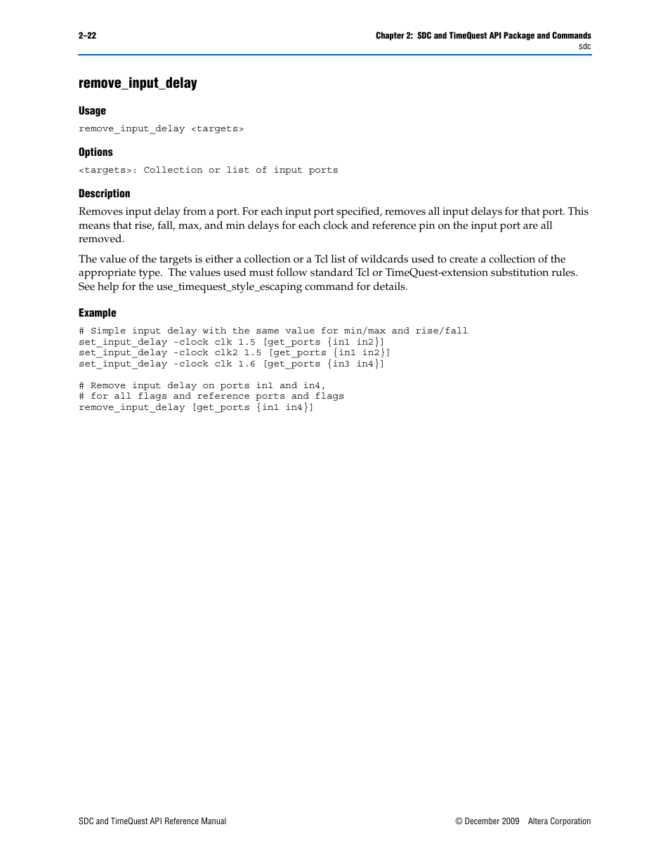 Remove_input_delay, Remove_input_delay –22 | Altera SDC and TimeQuest API User Manual | Page 32 / 168
