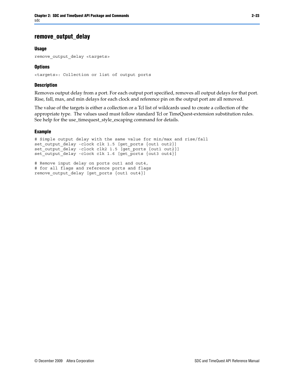 Remove_output_delay, Remove_output_delay –23 | Altera SDC and TimeQuest API User Manual | Page 33 / 168