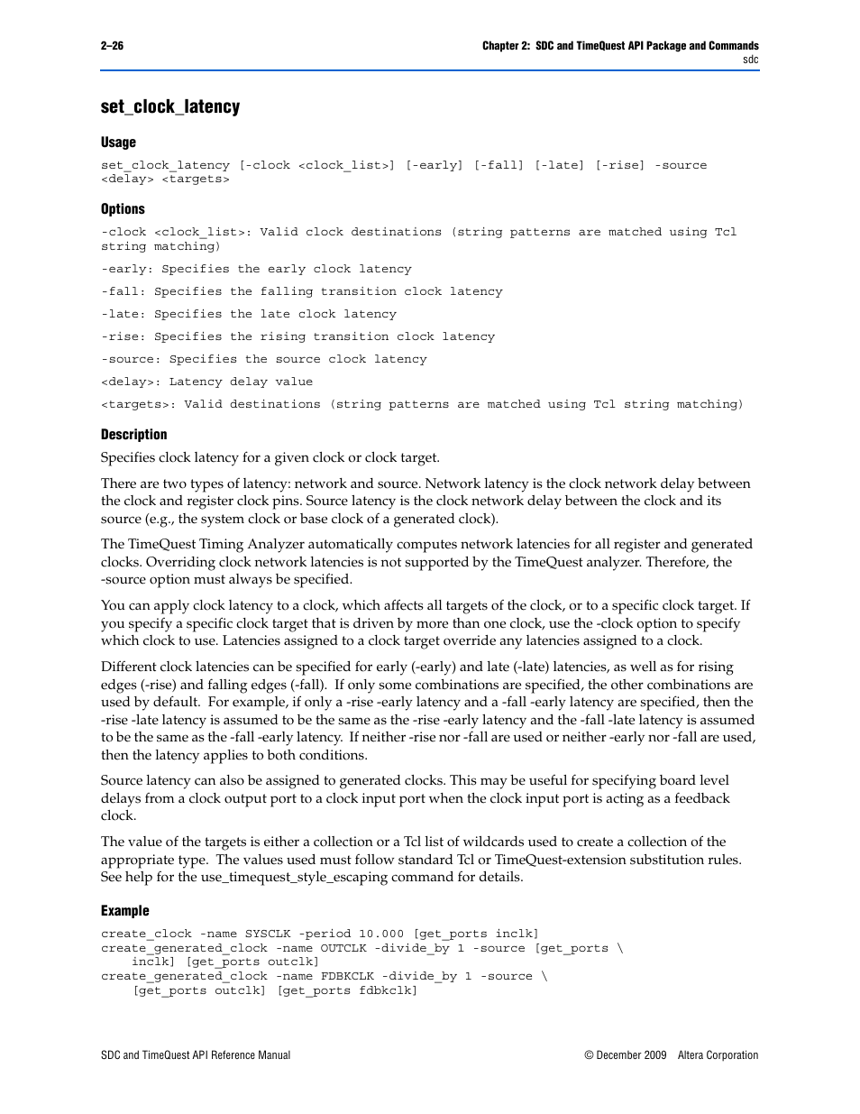 Set_clock_latency, Set_clock_latency –26 | Altera SDC and TimeQuest API User Manual | Page 36 / 168