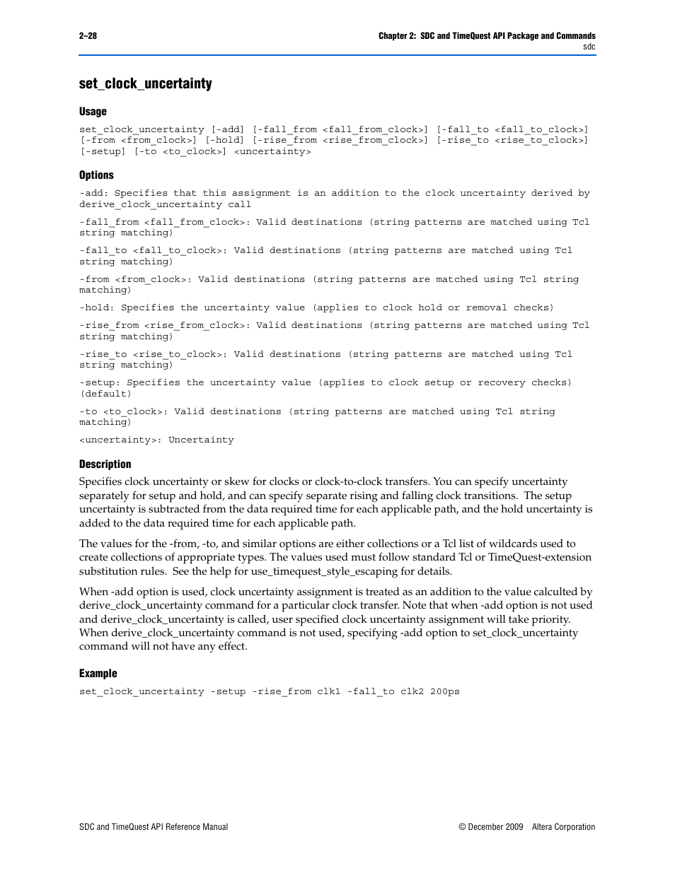 Set_clock_uncertainty, Set_clock_uncertainty –28 | Altera SDC and TimeQuest API User Manual | Page 38 / 168