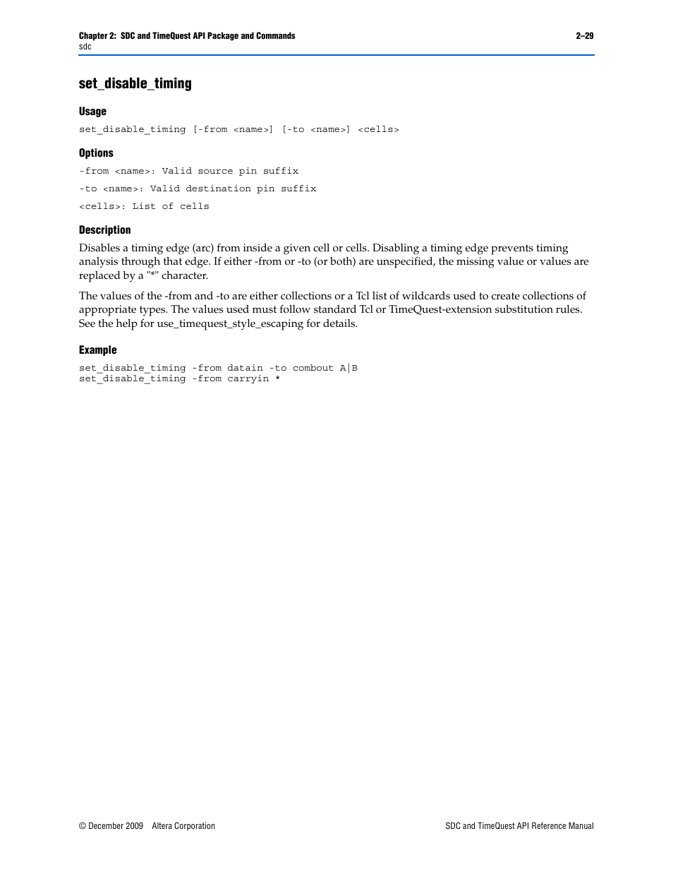 Set_disable_timing, Set_disable_timing –29 | Altera SDC and TimeQuest API User Manual | Page 39 / 168