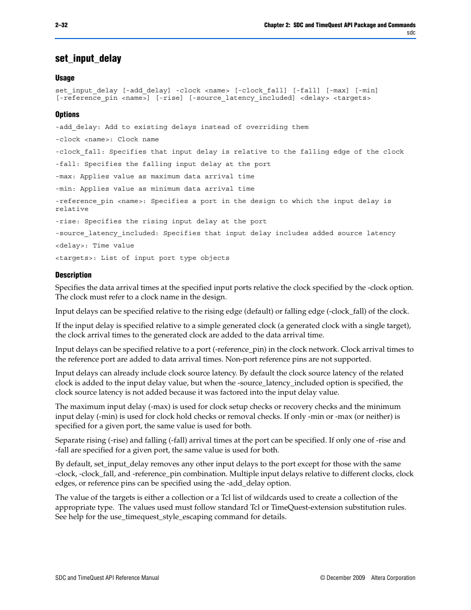 Set_input_delay, Set_input_delay –32 | Altera SDC and TimeQuest API User Manual | Page 42 / 168