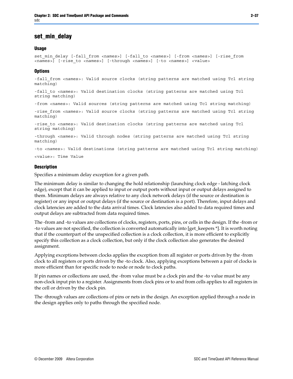 Set_min_delay, Set_min_delay –37 | Altera SDC and TimeQuest API User Manual | Page 47 / 168