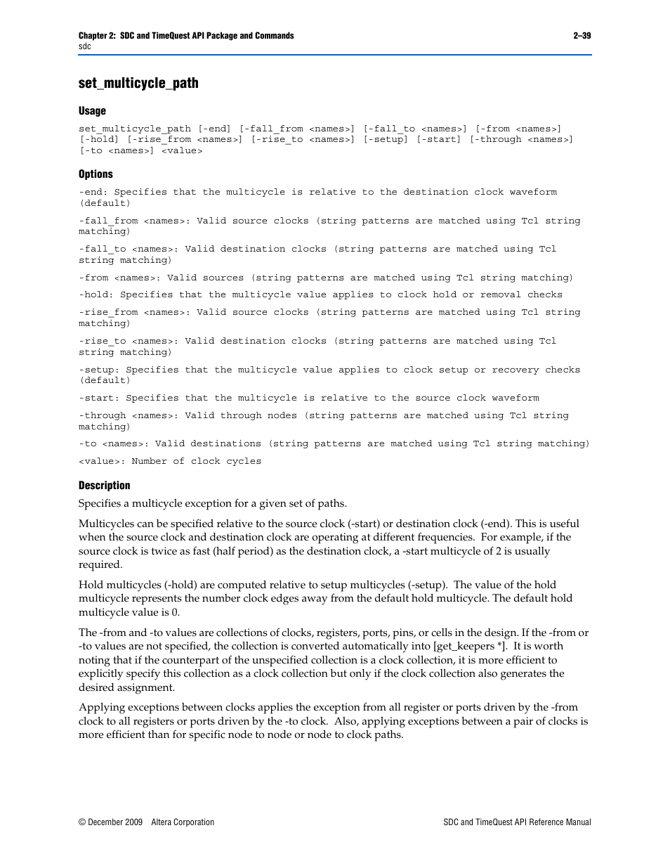 Set_multicycle_path, Set_multicycle_path –39 | Altera SDC and TimeQuest API User Manual | Page 49 / 168