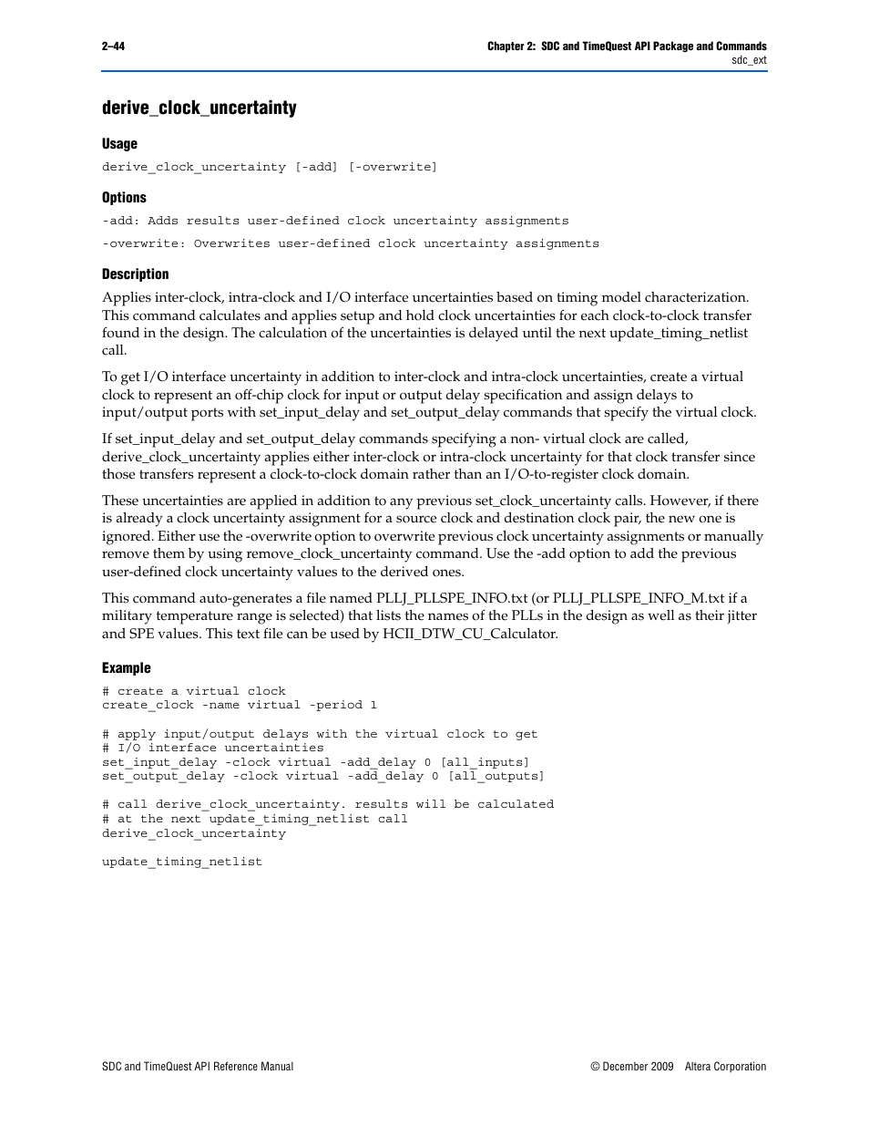 Derive_clock_uncertainty, Derive_clock_uncertainty –44 | Altera SDC and TimeQuest API User Manual | Page 54 / 168