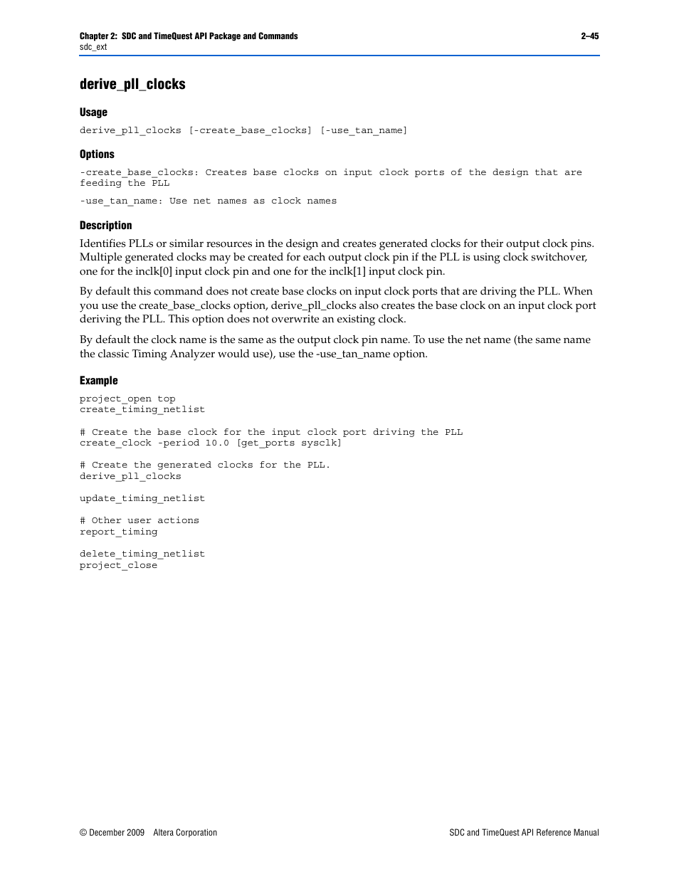 Derive_pll_clocks, Derive_pll_clocks –45 | Altera SDC and TimeQuest API User Manual | Page 55 / 168