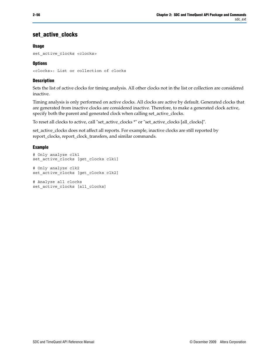 Set_active_clocks, Set_active_clocks –56 | Altera SDC and TimeQuest API User Manual | Page 66 / 168