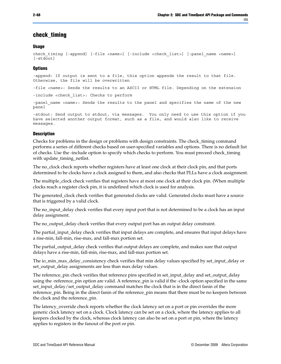 Check_timing, Check_timing –68 | Altera SDC and TimeQuest API User Manual | Page 78 / 168
