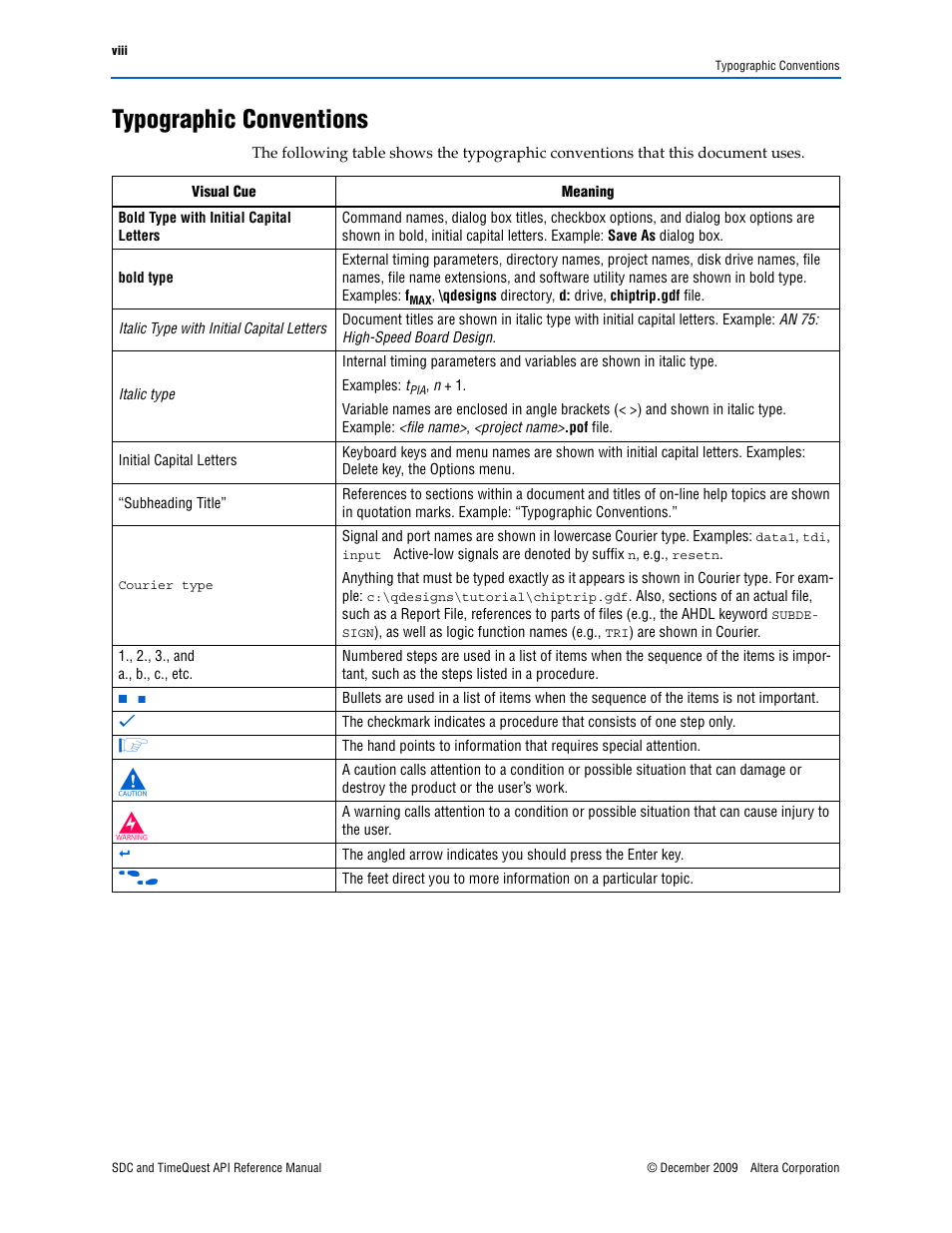 Typographic conventions, Typographic conventions –viii | Altera SDC and TimeQuest API User Manual | Page 8 / 168