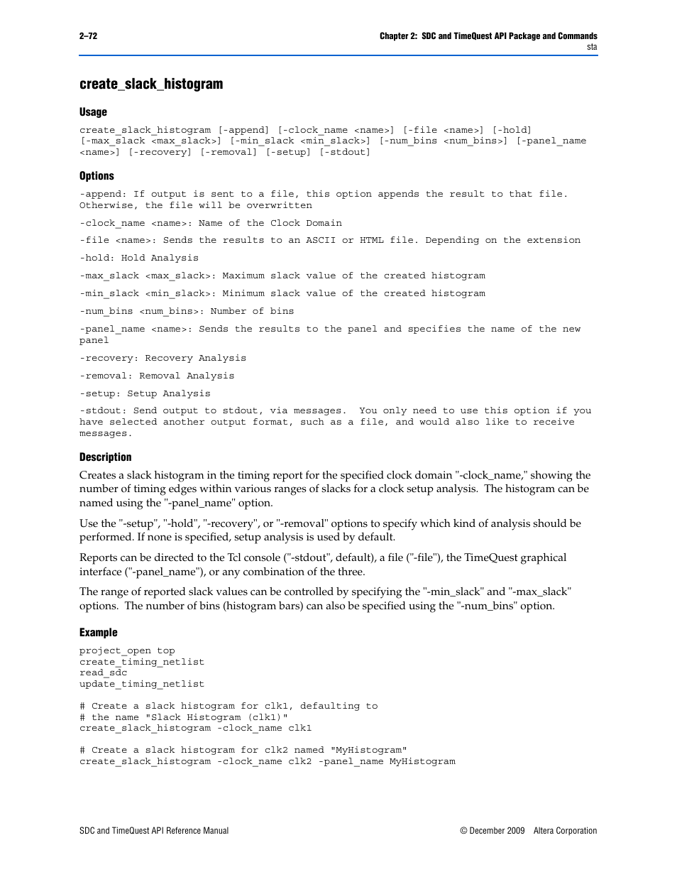 Create_slack_histogram, Create_slack_histogram –72 | Altera SDC and TimeQuest API User Manual | Page 82 / 168