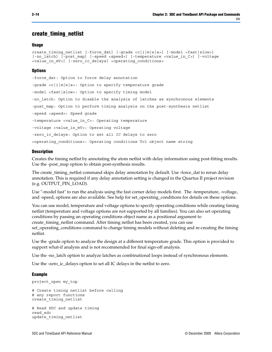 Create_timing_netlist, Create_timing_netlist –74 | Altera SDC and TimeQuest API User Manual | Page 84 / 168