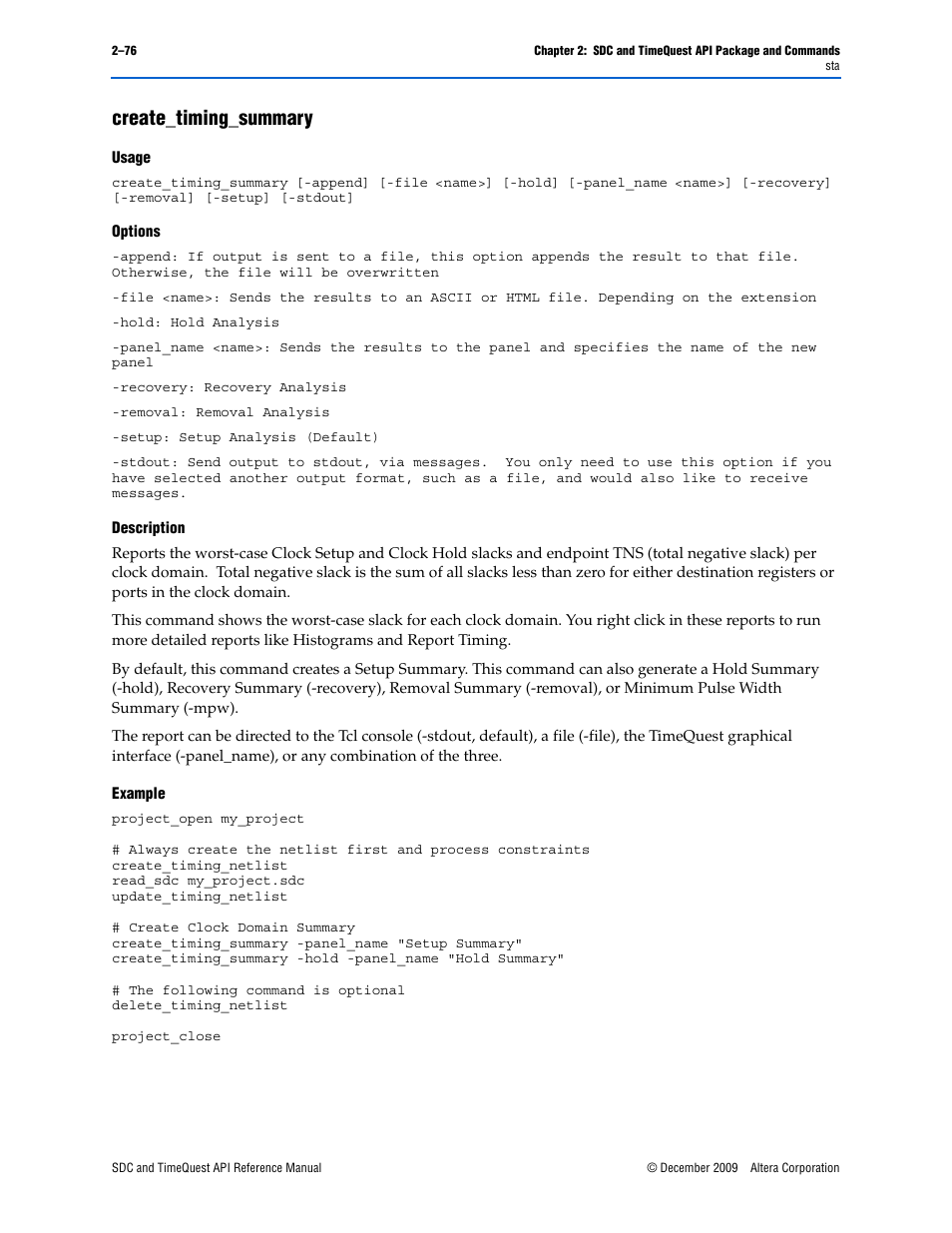 Create_timing_summary, Create_timing_summary –76 | Altera SDC and TimeQuest API User Manual | Page 86 / 168