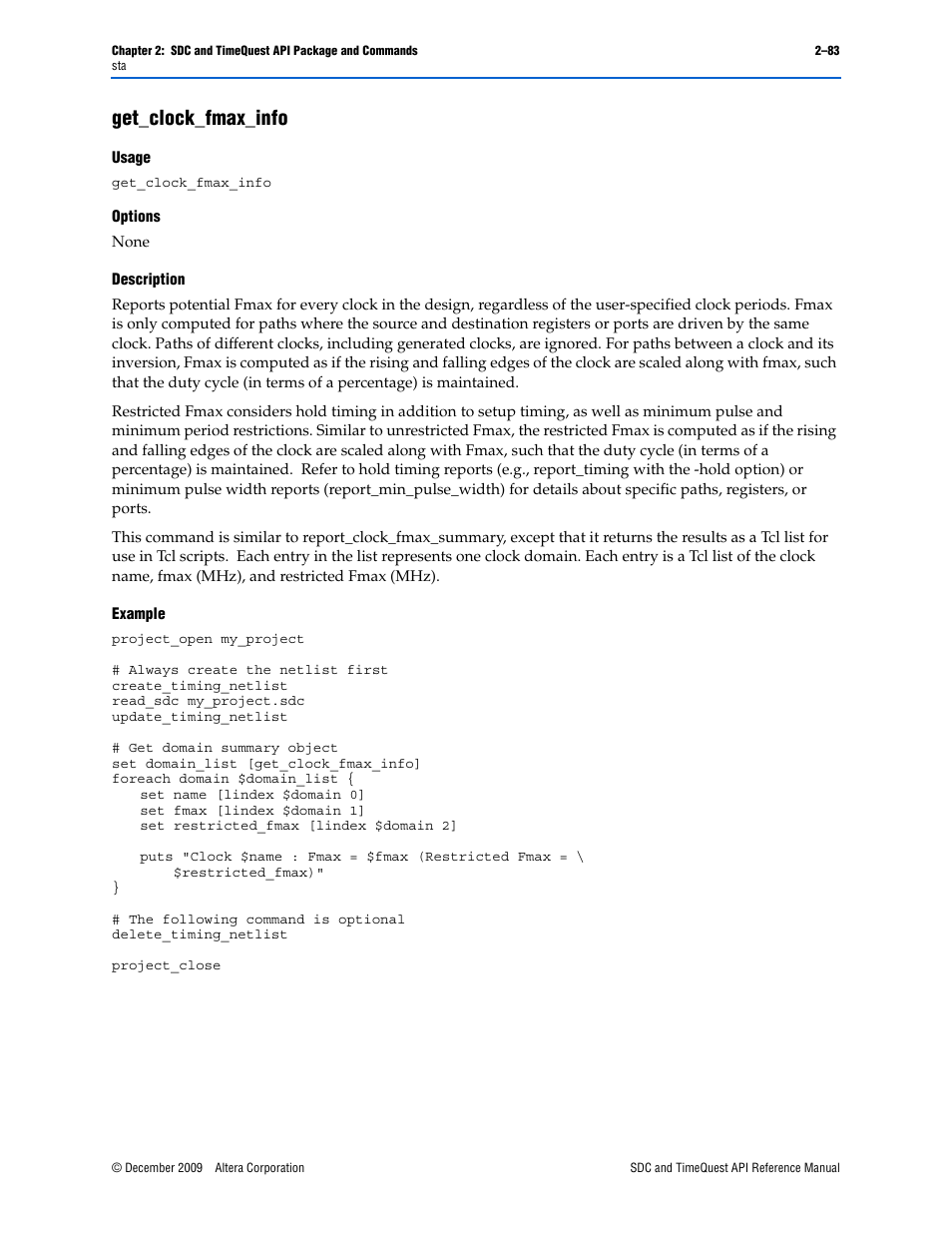 Get_clock_fmax_info, Get_clock_fmax_info –83 | Altera SDC and TimeQuest API User Manual | Page 93 / 168
