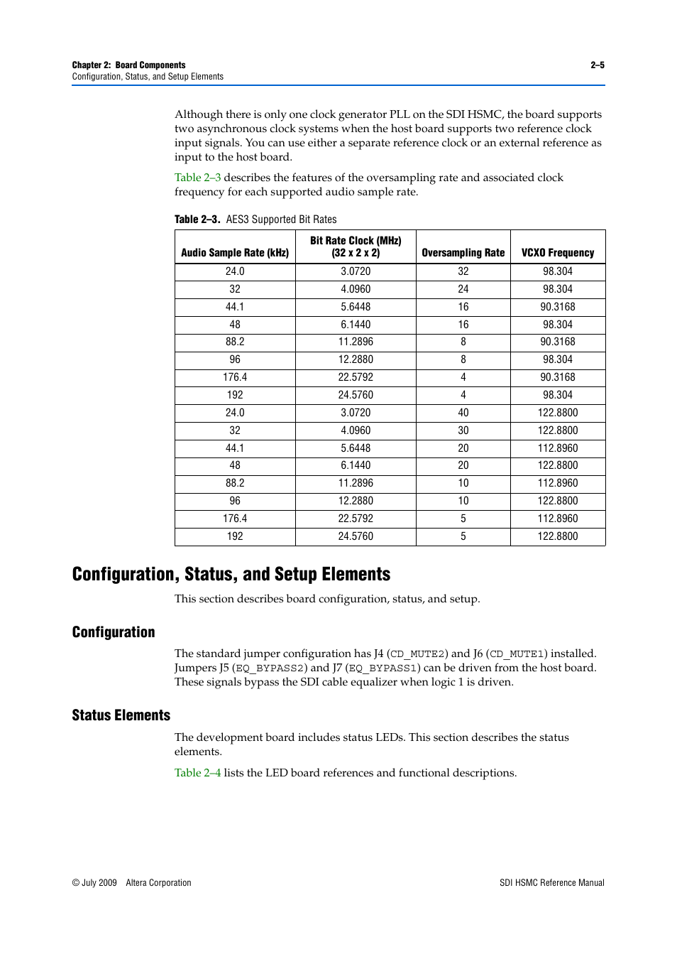 Configuration, status, and setup elements, Configuration, Status elements | Configuration, status, and setup elements –5, Configuration –5 status elements –5 | Altera SDI HSMC User Manual | Page 13 / 36